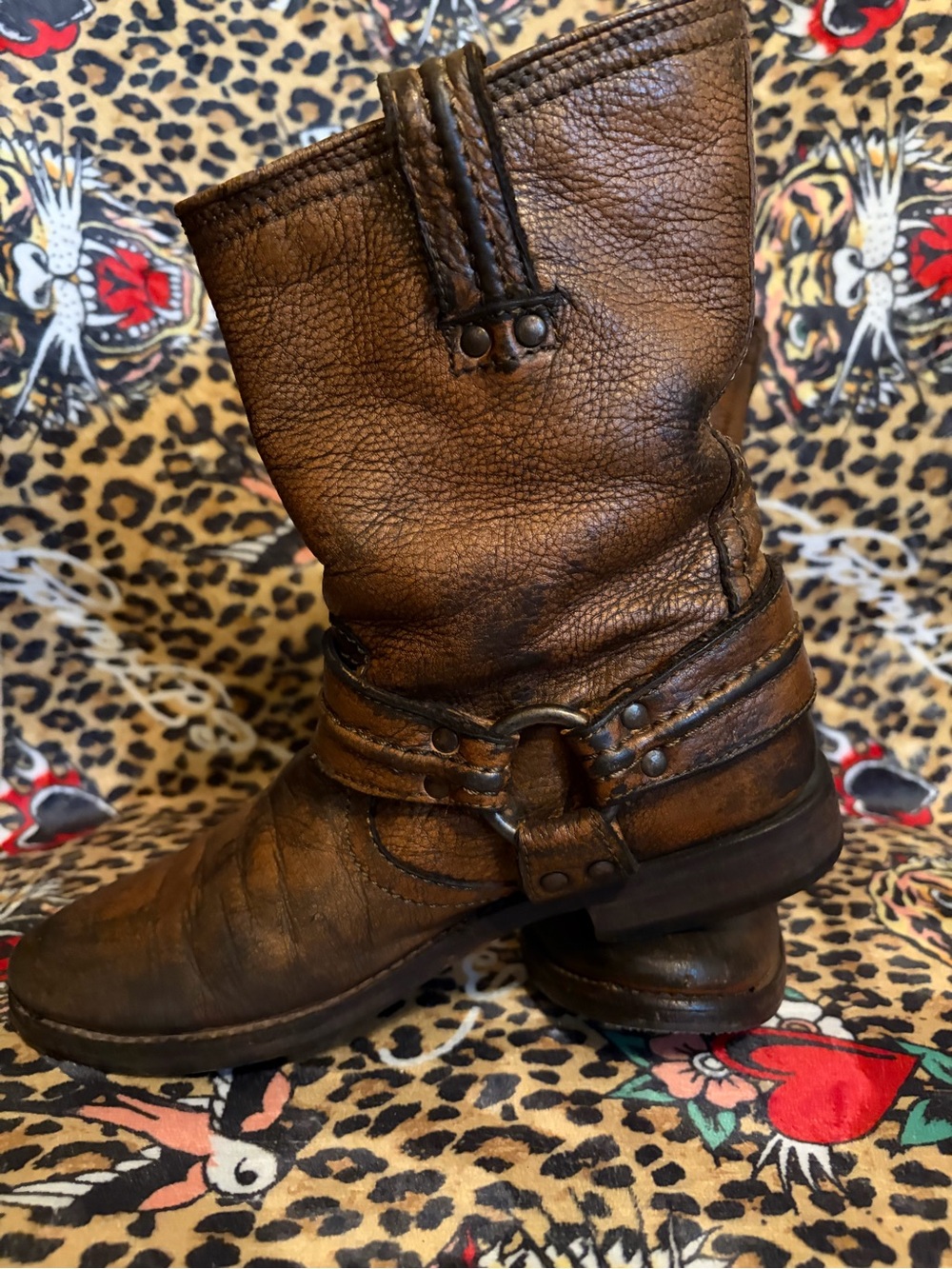 VINTAGE FRYE RARE Maxine Trapunto Brown Leather Harness Boots Women's style#7792 - Picture 3 of 10
